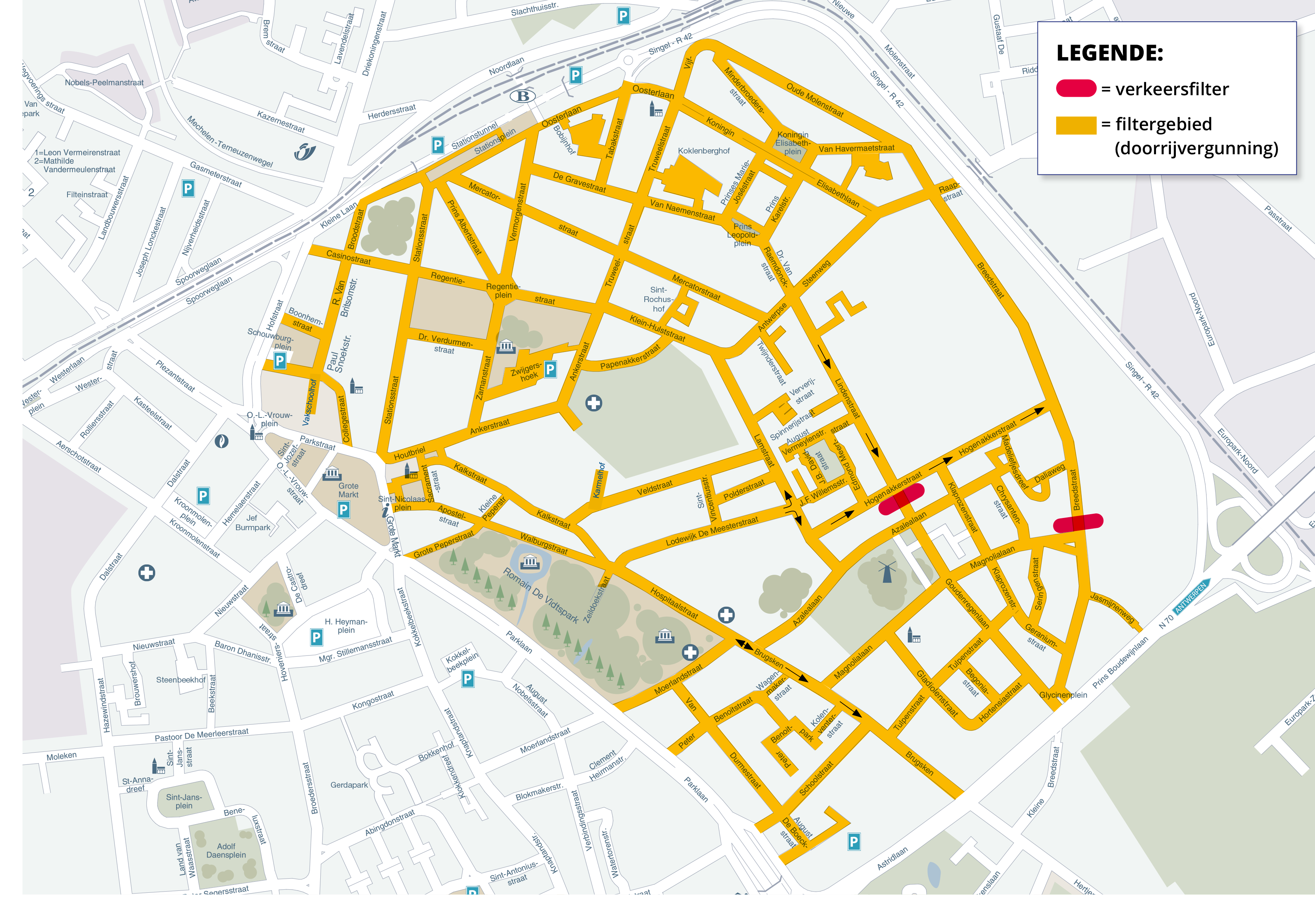 Kaart met in oranje de straten van het filtergebied Breedstraat/Goudenregenlaan